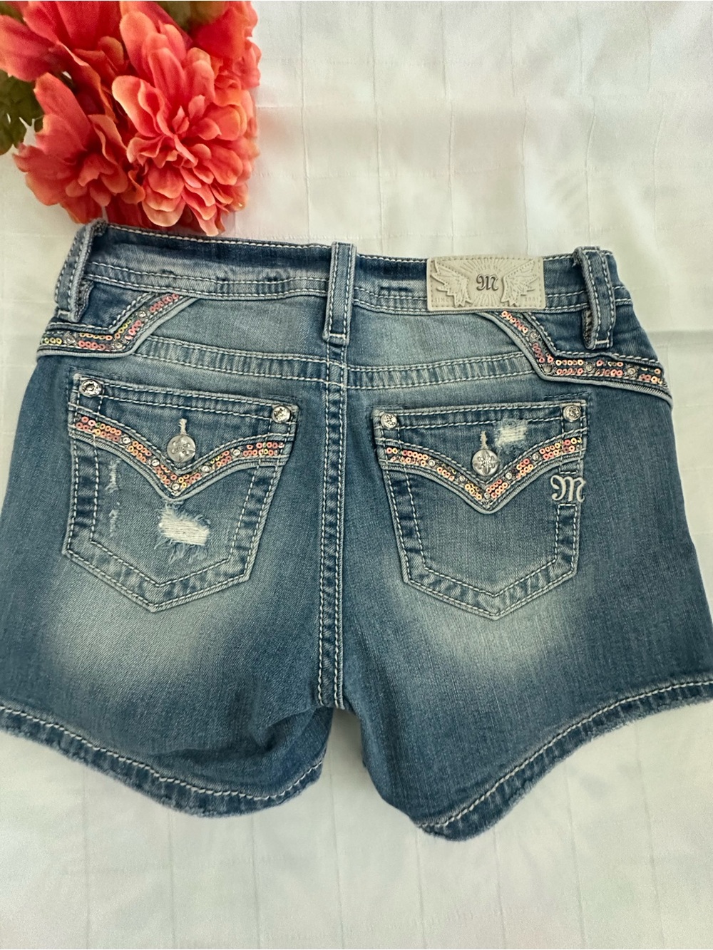 Miss Me BRAND NEW Mid-Rise Blue Distressed Denim Shorts with Beaded Trim